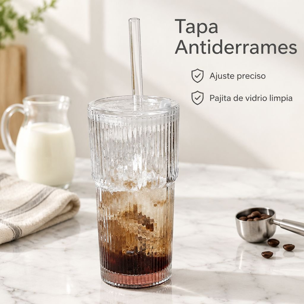 Taza de café de vidrio de alta calidad con rayas verticales, tapa y pajita
