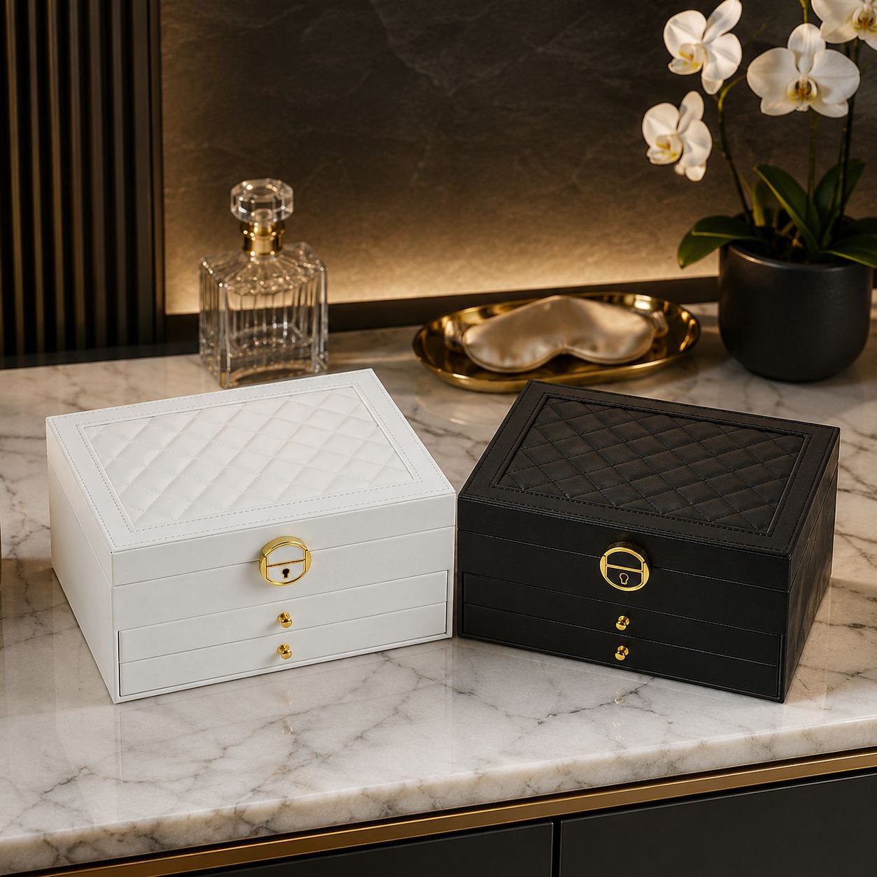 Open leather jewelry case with multiple compartments