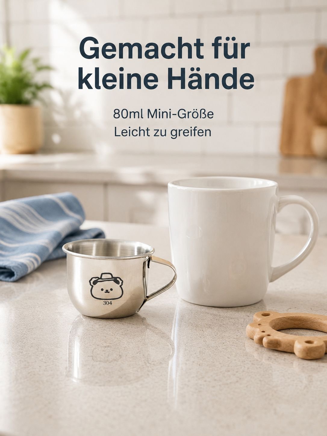 Babybecher aus Edelstahl mit Griff, lebensmittelecht, rutschfest für Kleinkinder