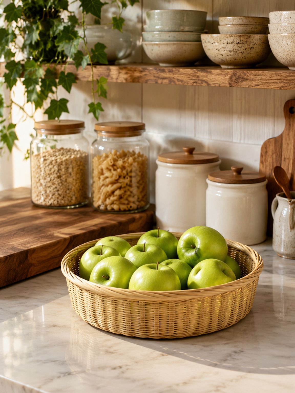 Durable woven bamboo basket on kitchen counter