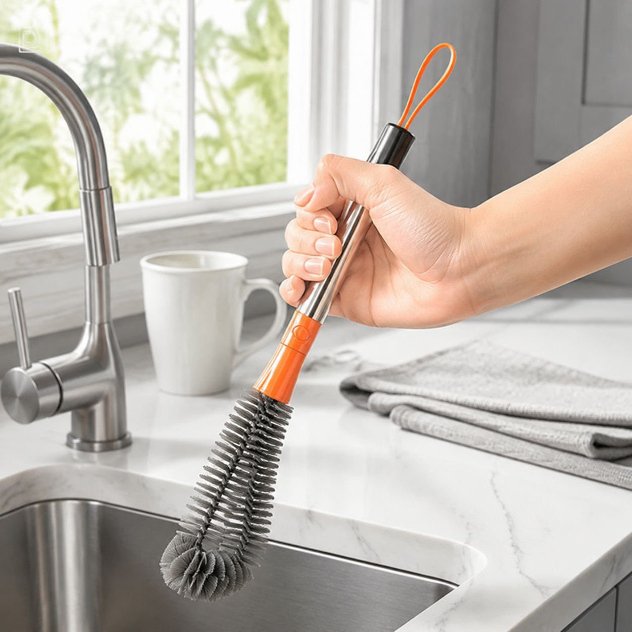 Multifunctional 3-in-1 flexible soft bristle cup brush cleaning a glass