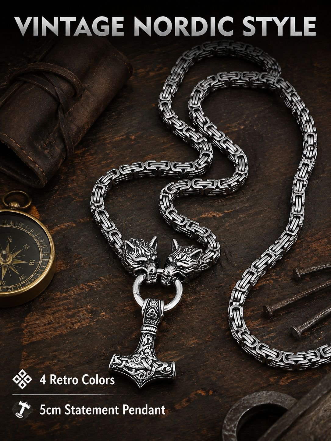 1pc Men's Vintage Nordic Viking Wolf Head Steel Chain And Hammer Pendant Necklace