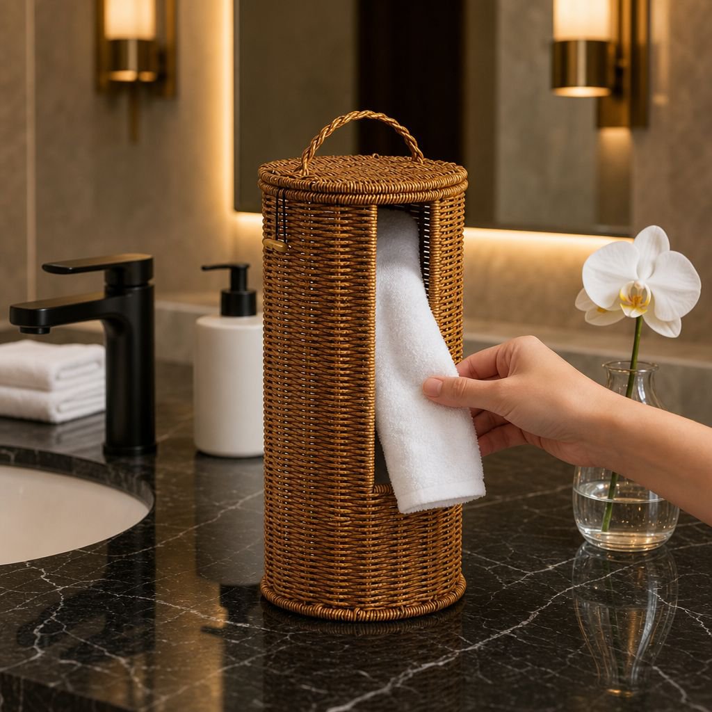 Bathroom setup featuring round rattan storage basket