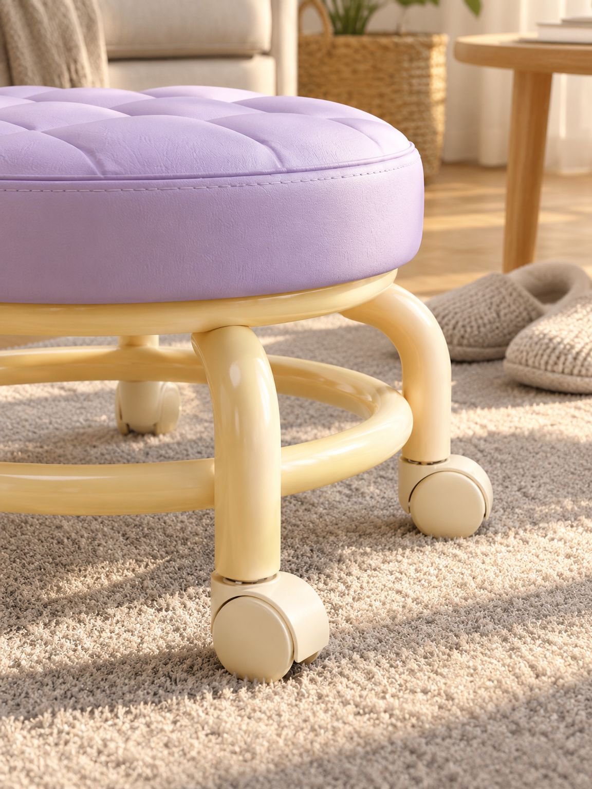 Round salon stool with rolling casters and swivel seat