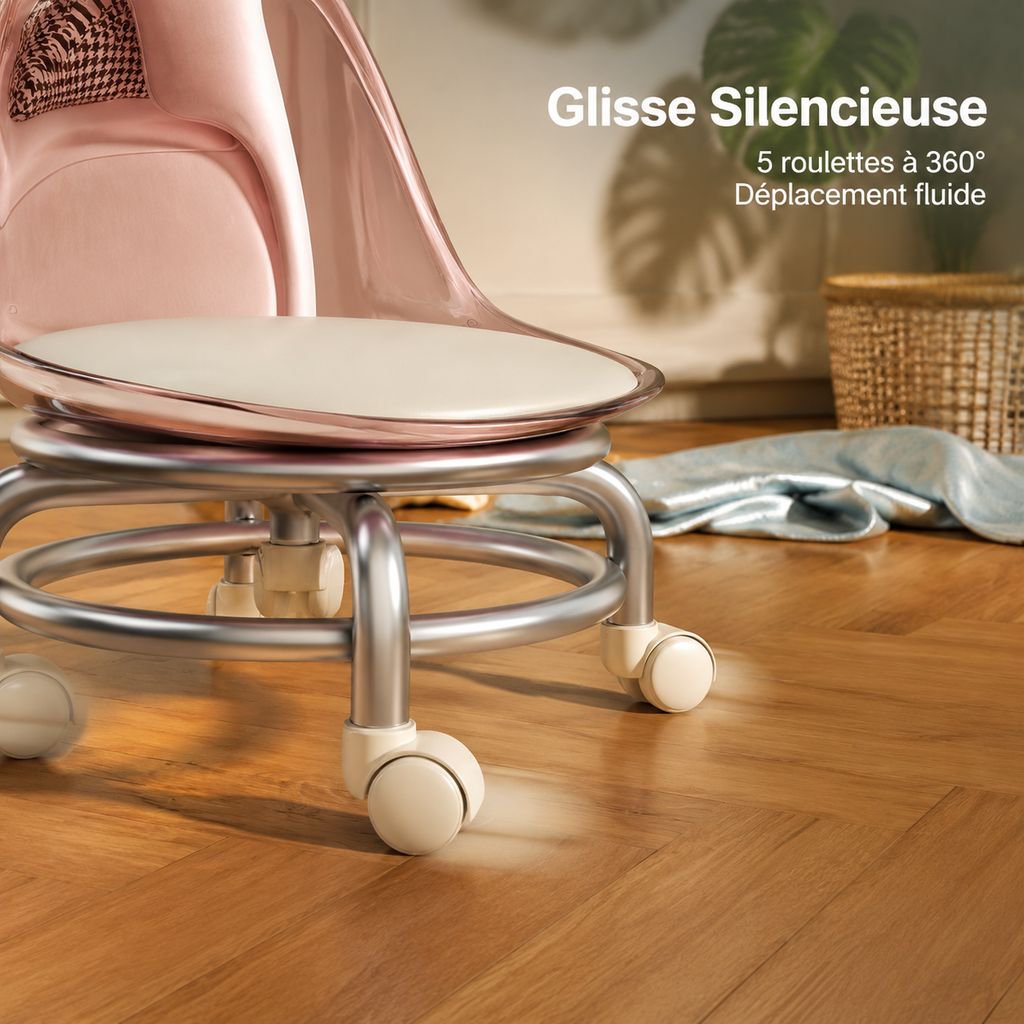 Tabouret pour enfants en plastique transparent à roulettes pivotantes