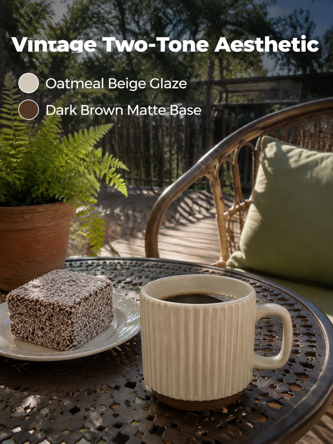 Close up of beige vertical striped mug