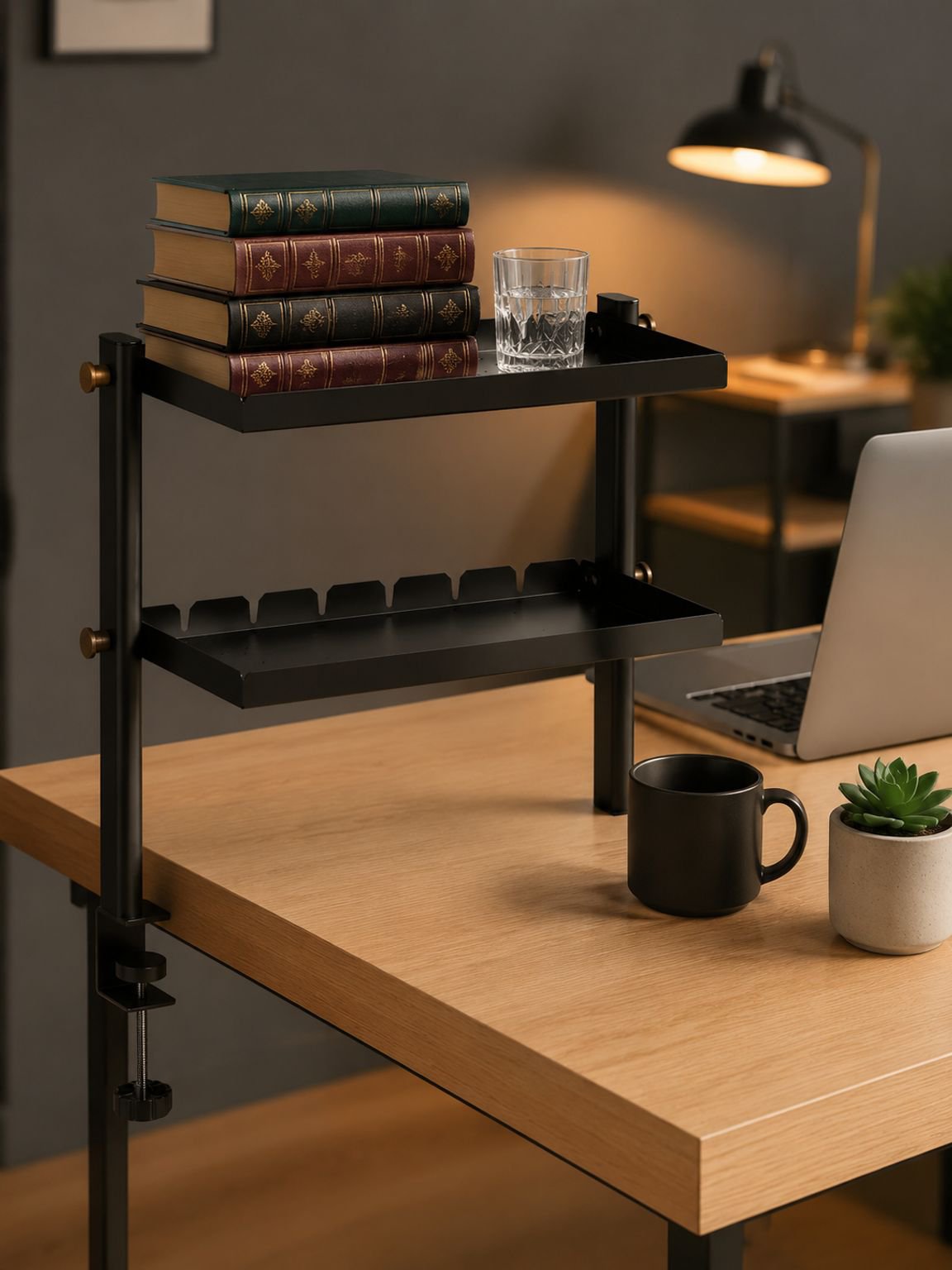 JMY desktop clip-on double-layer shelf installed on a desk