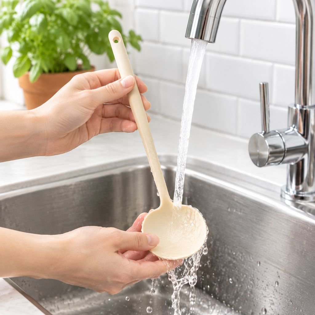 Kitchen utensil scraping pan without scratching