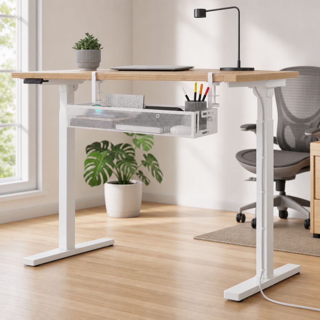 Home office setup with under desk cable management solution