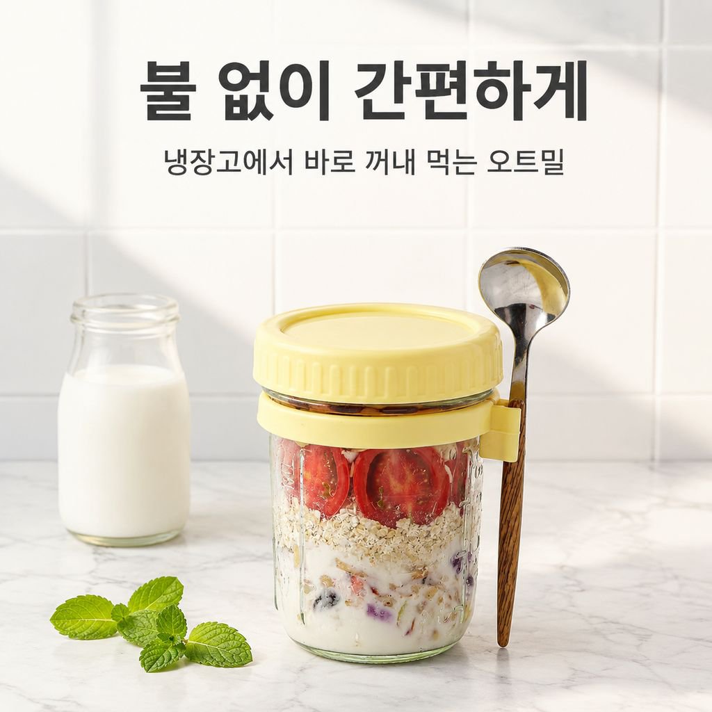 오트밀컵 오버나이트 조식컵 유리 뚜껑과 스푼 샐러드컵