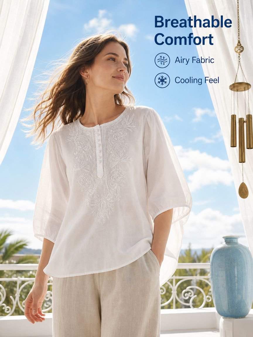 Cotton Linen Embroidered Round Neck Loose Short Sleeve Women’s Summer New Style