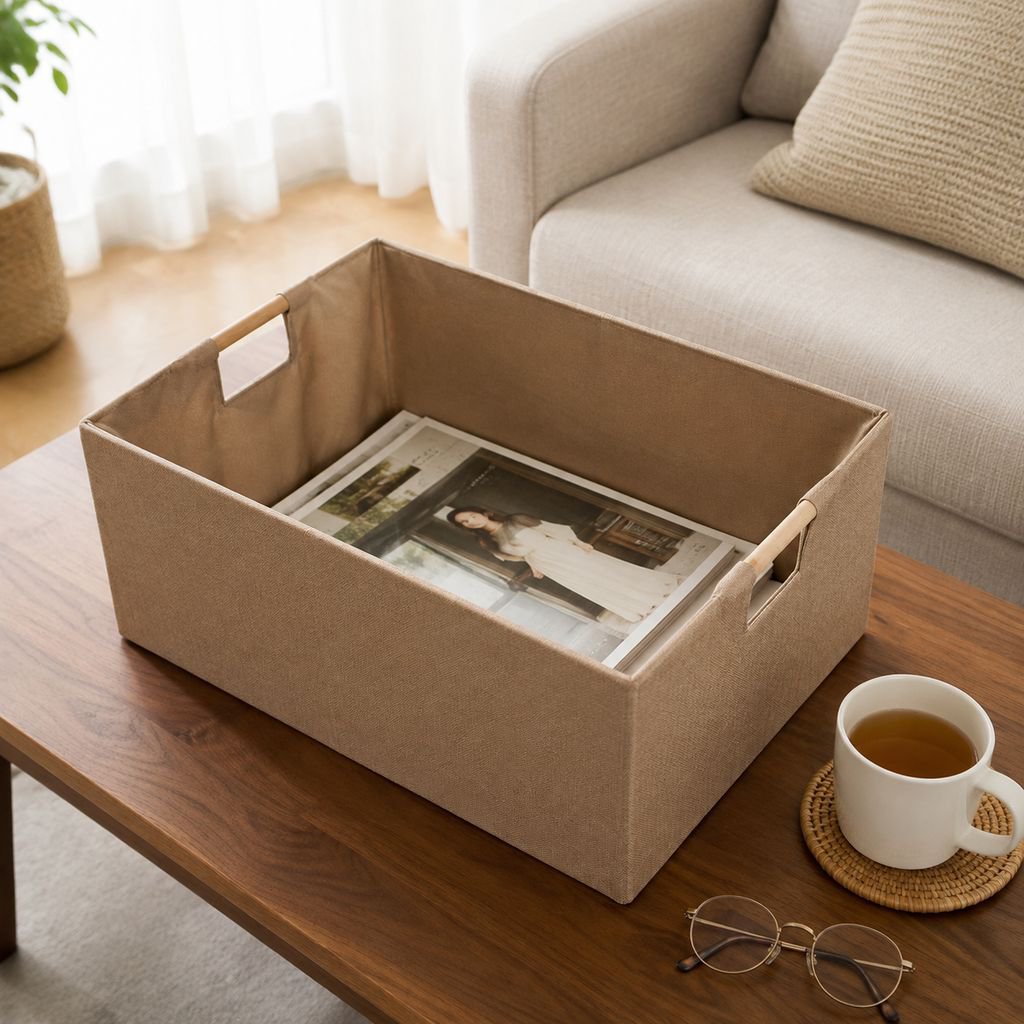 ナチュラルな部屋に置かれたエコ収納ボックス