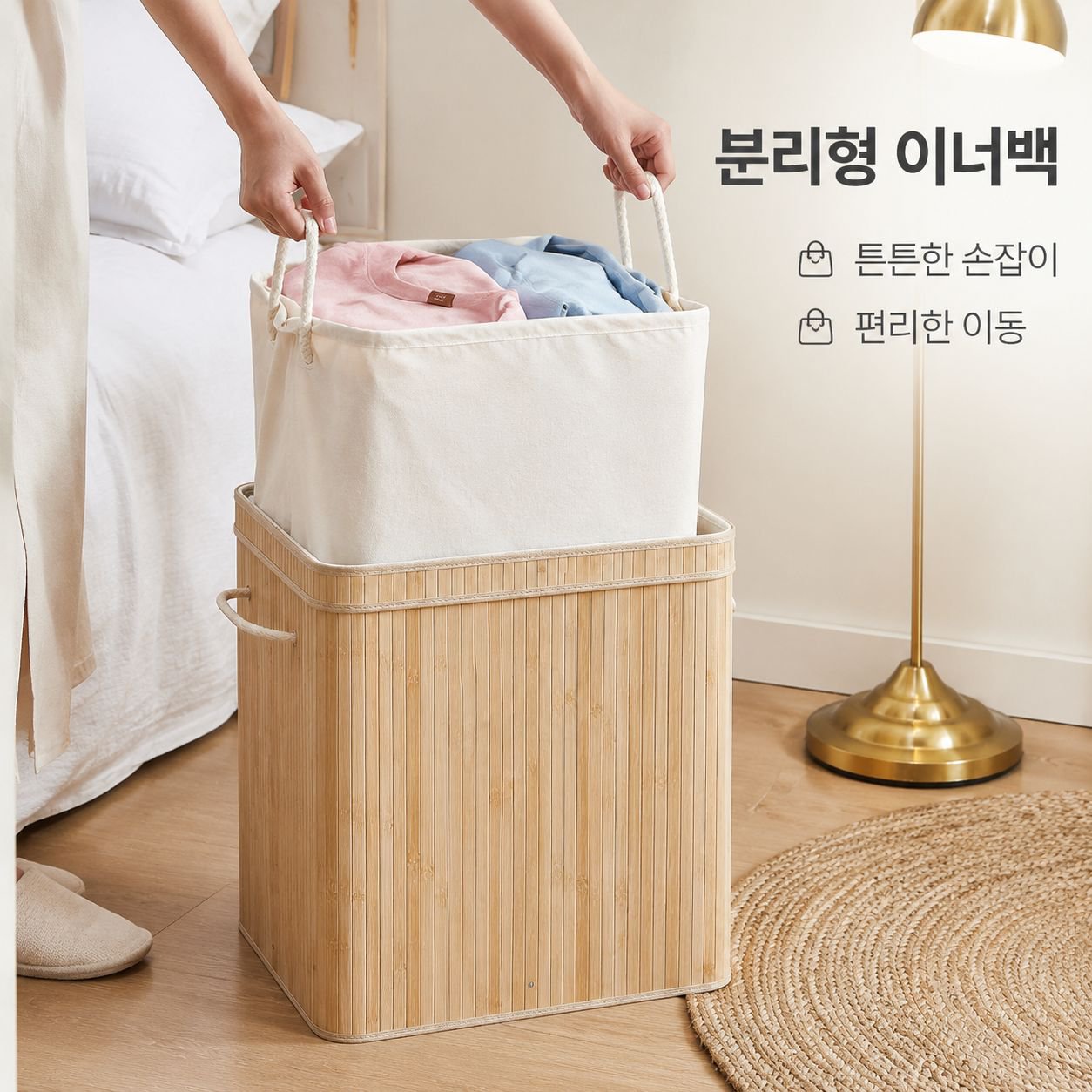 뚜껑이 달린 대나무 라탄 빨래통