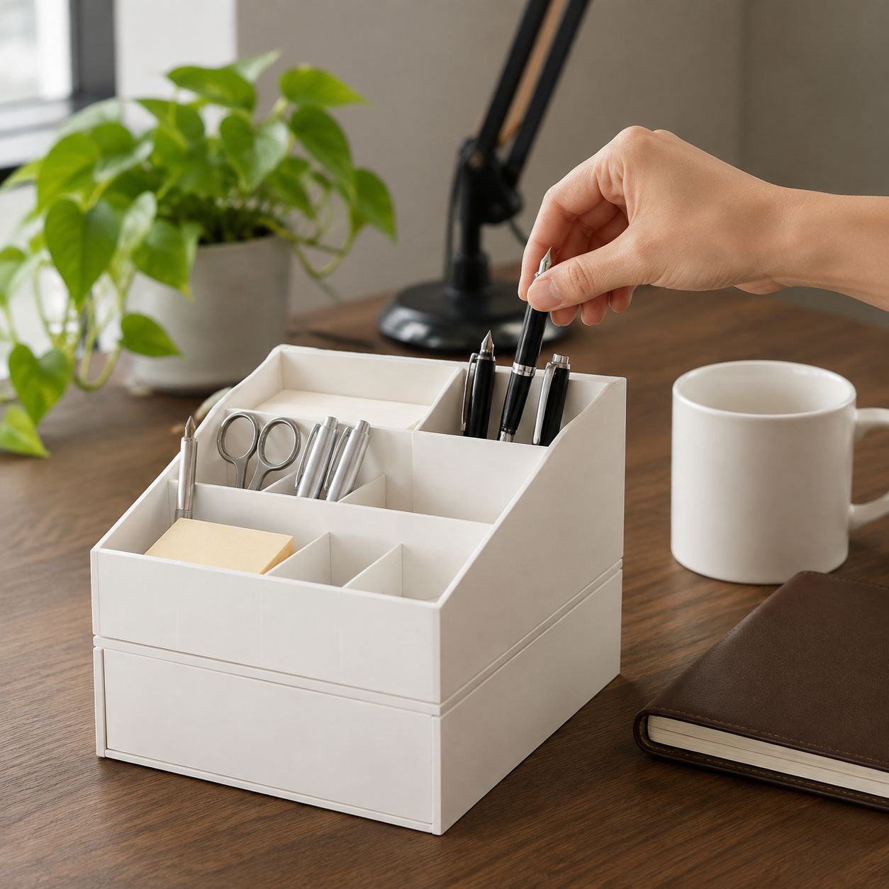 Organized stationery in Japanese multi-layer storage drawer