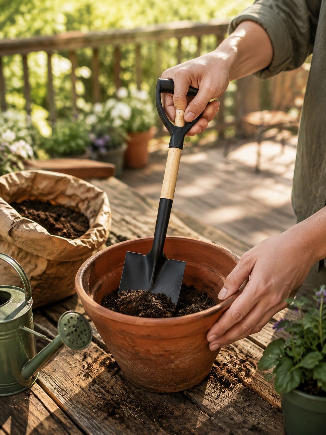 Garden shovel with wooden handle for planting