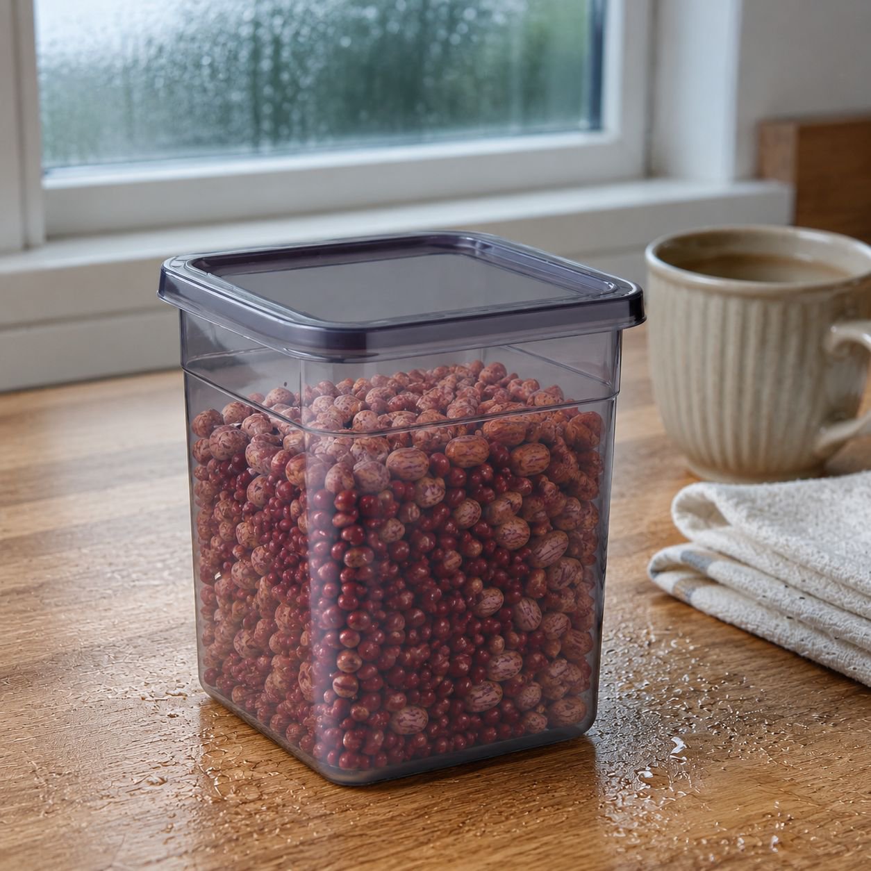 Clear plastic fridge organizer bin with easy-carry handle