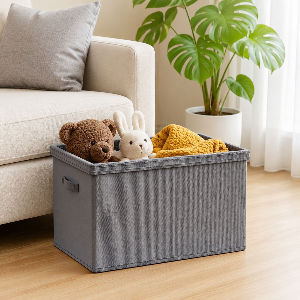 Durable fabric storage box with reinforced handles