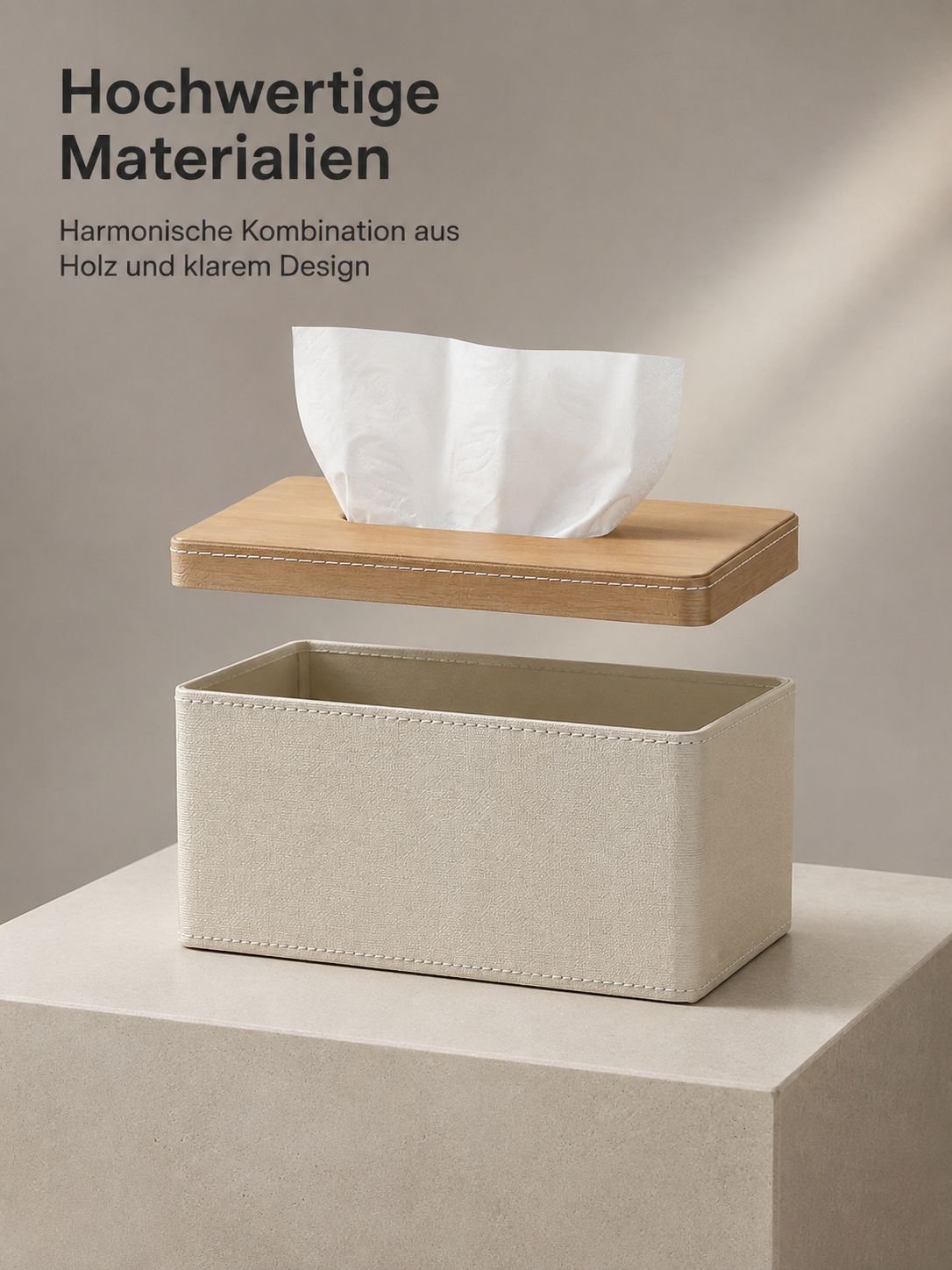 Moderner Taschentuchspender aus Holz auf einem Tisch
