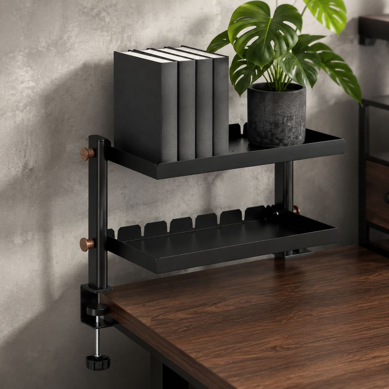 Desktop Clip-on Double-Layer Storage Rack, No Drilling, Foldable Tray, Pegboard/Hanging