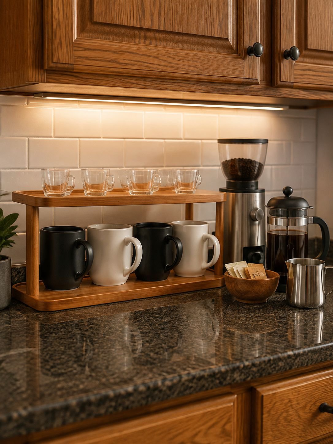 Space-saving cup rack holding mugs on a work desk