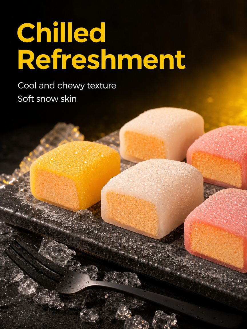 Colorful mochi cakes with snow skin coating