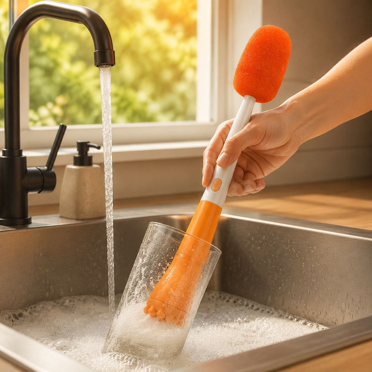 Flexible brush head reaching cup bottom