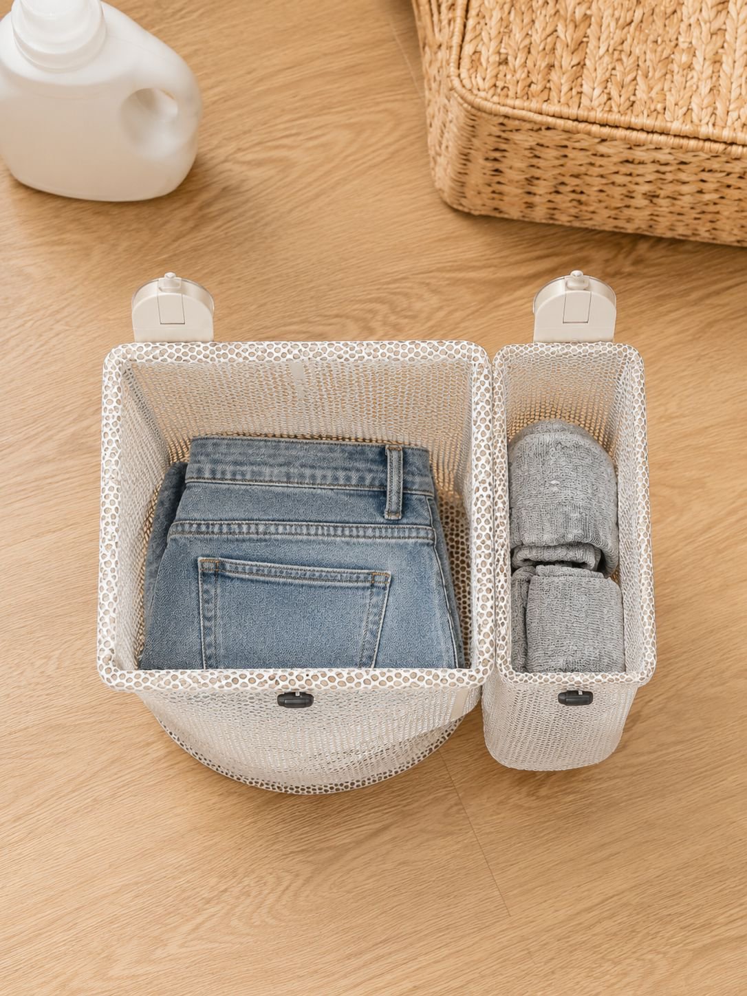 Easy installation of double suction cup laundry hamper on tiled wall