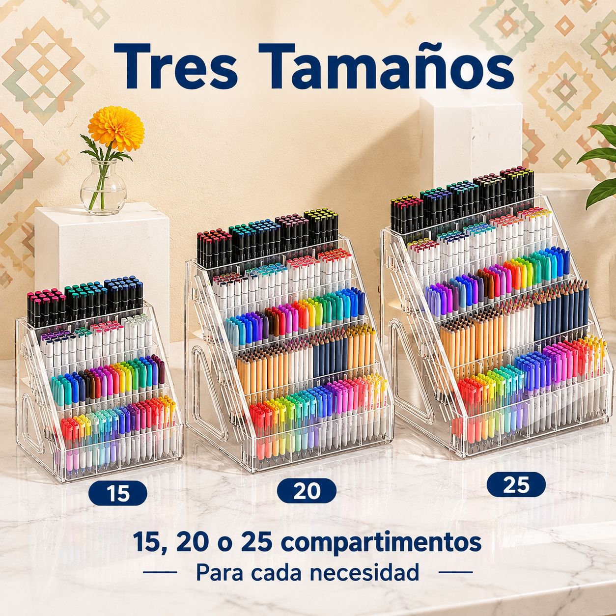 Soporte transparente acrílico con divisiones para almacenar útiles y pinceles