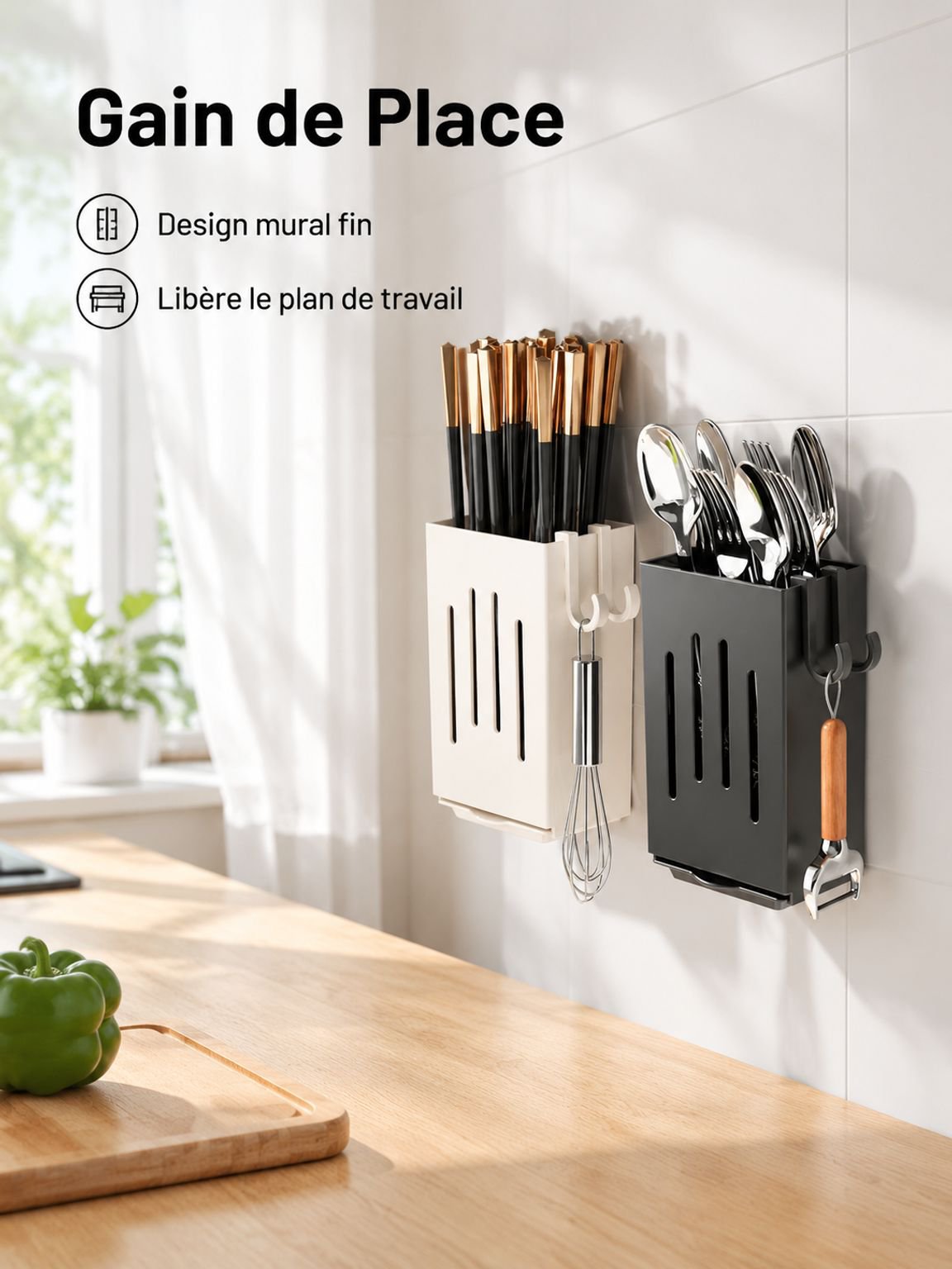 Rangement mural gain de place pour baguettes et couteaux