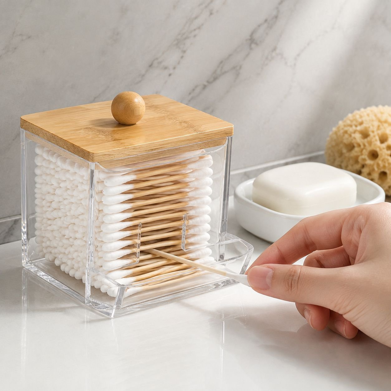Acrylic transparent cotton puff storage box on bathroom counter