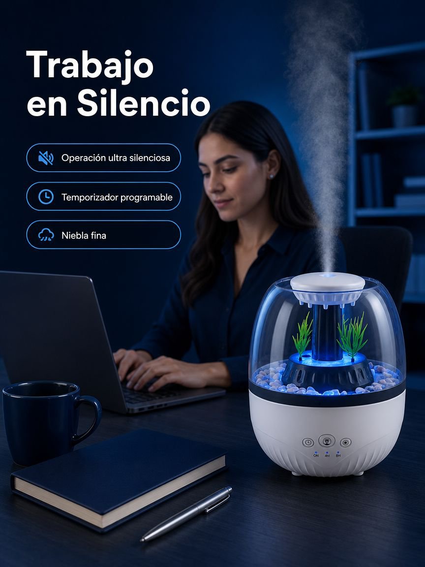 Humidificador aromático con forma de pecera, luz de siete colores, silencioso