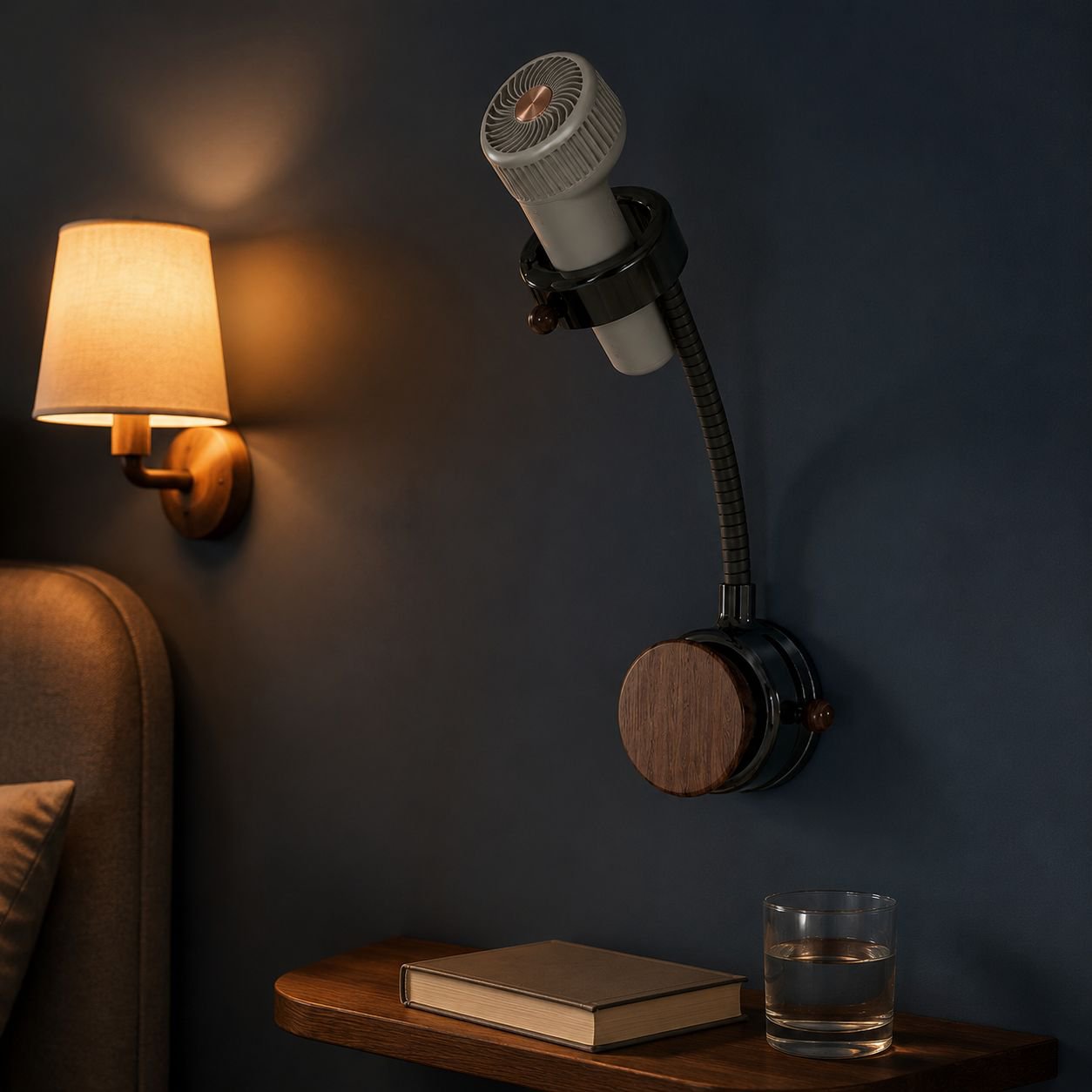 Close-up of rotatable storage mechanism for fans