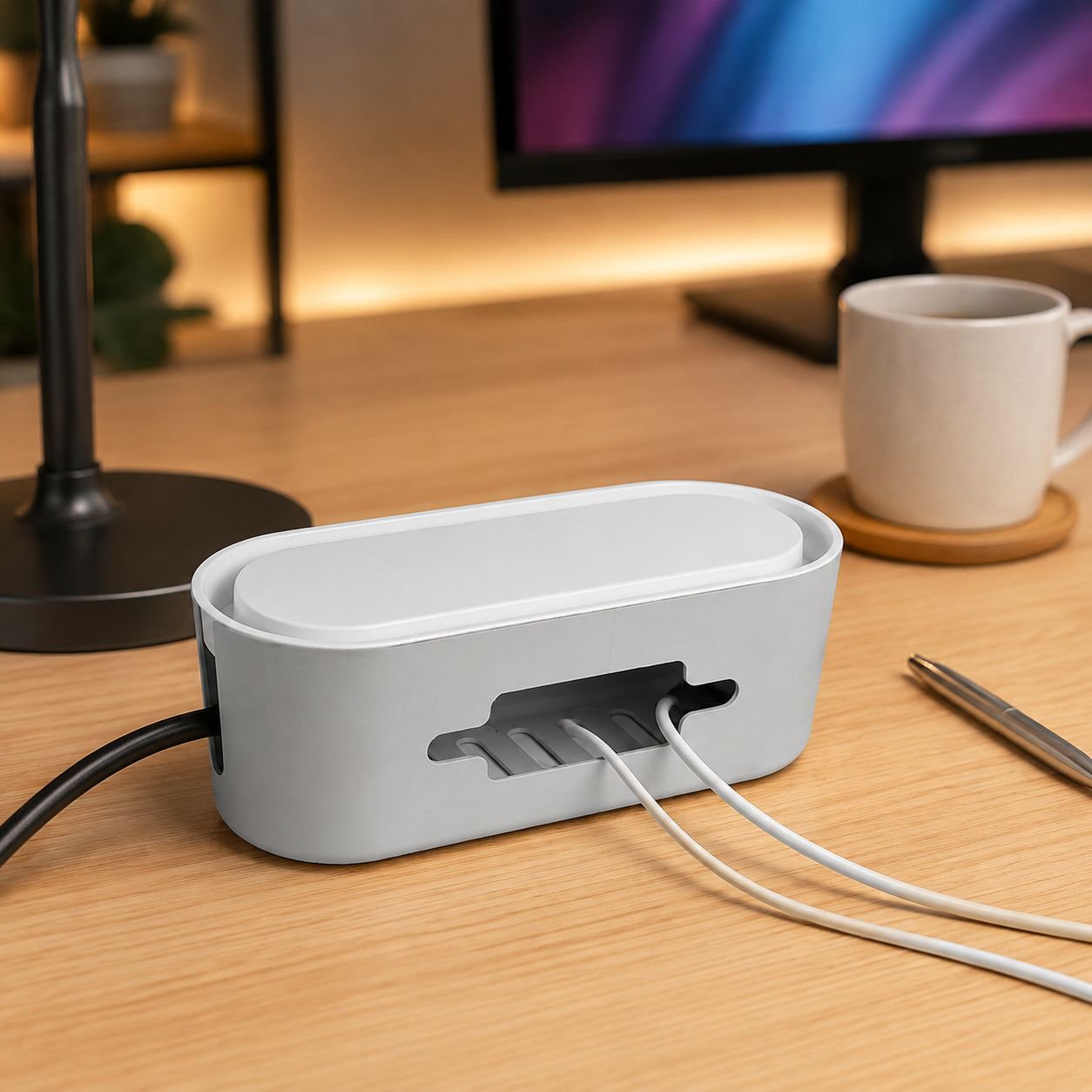 Multi-functional cable organizer box with power strip extension