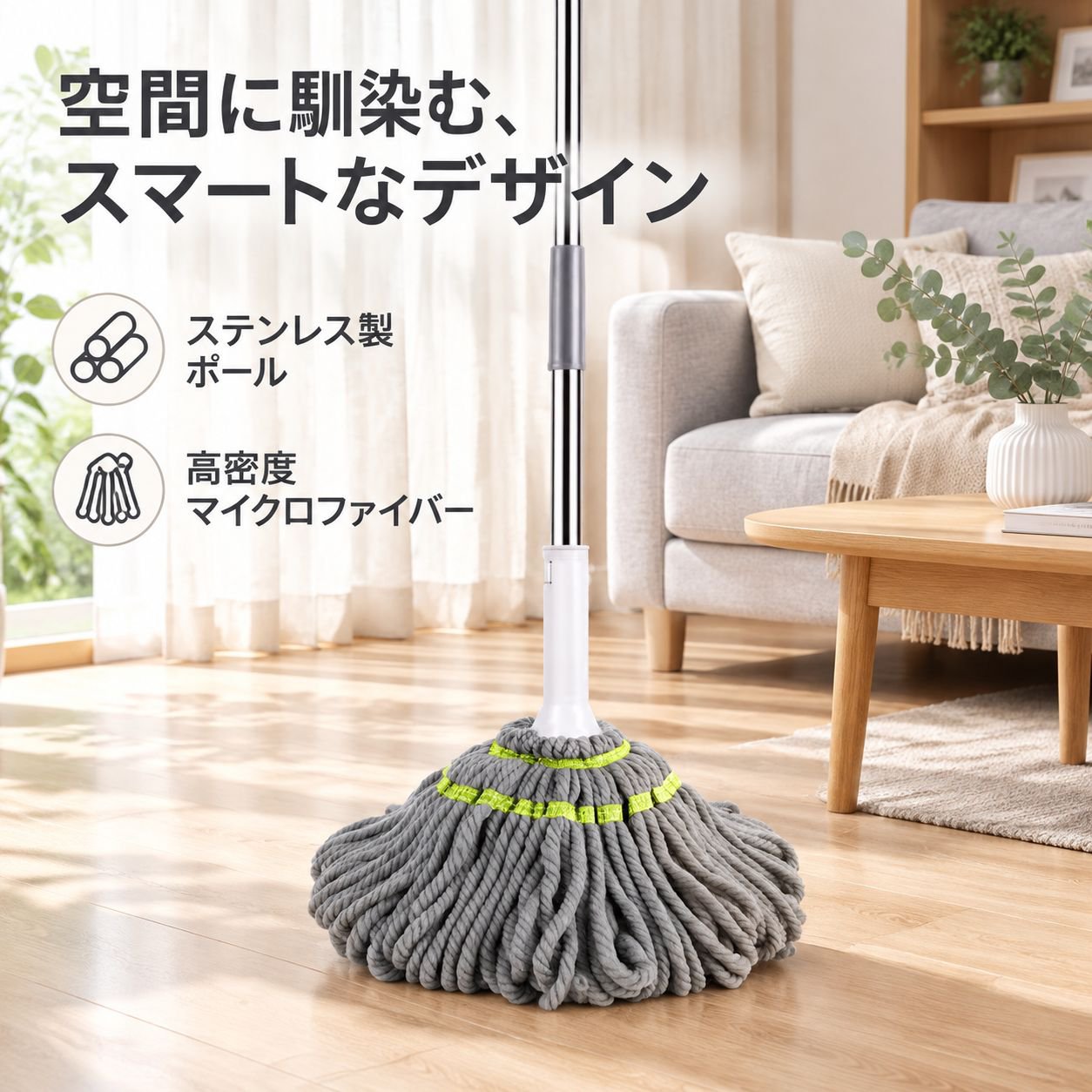 水絞り ハンズフリー 毕卡索 回転モップ 浴室用 乾湿両用 マイクロファイバー吸水モップ