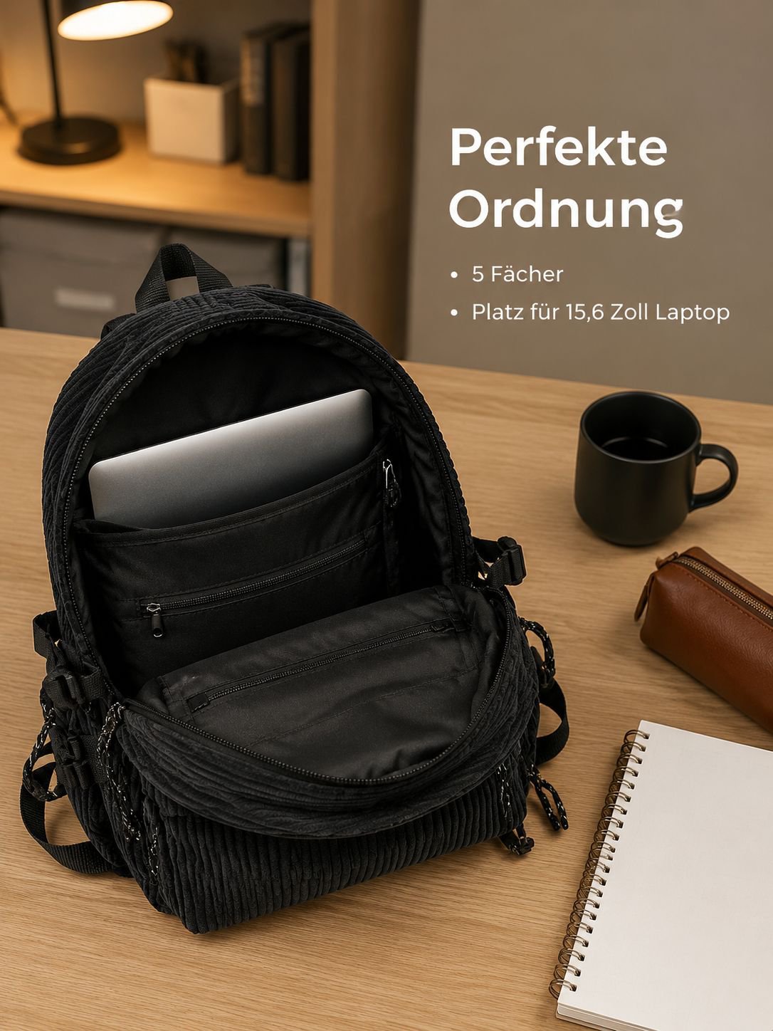 Leichter Cord-Rucksack im Preppy-Style mit großem Fassungsvermögen