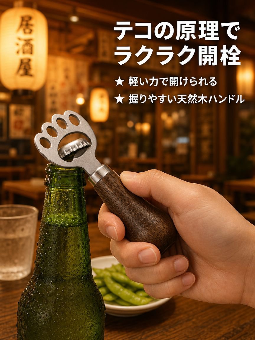 吊り下げ穴付きの携帯用木製栓抜き