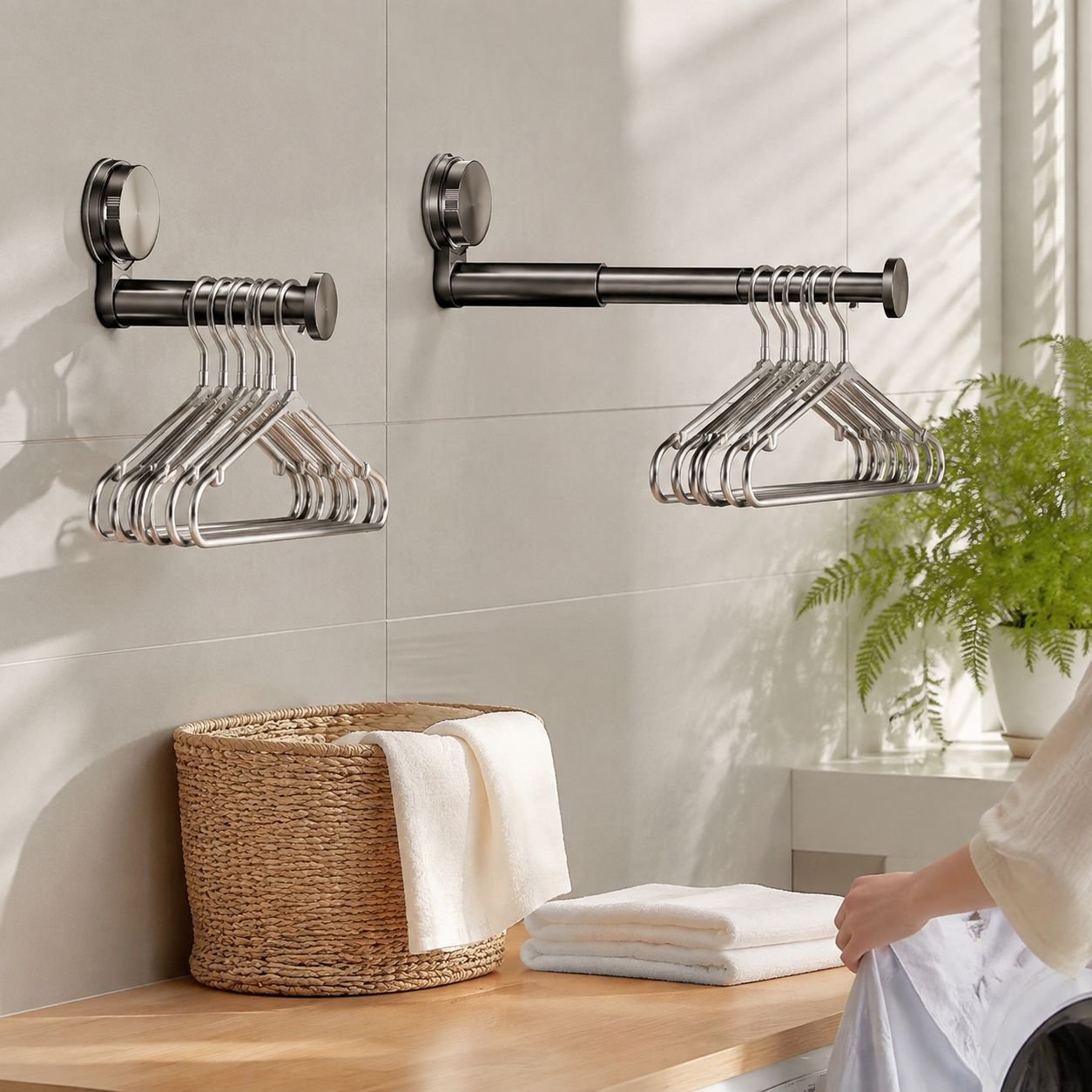 No-hole wall-mounted family clothes rack installed in a modern bedroom