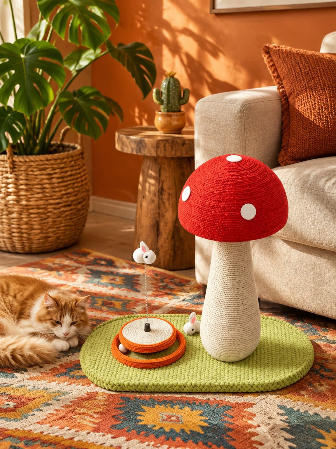 Rascador para gatos grande con yute y forma de hongo rojo