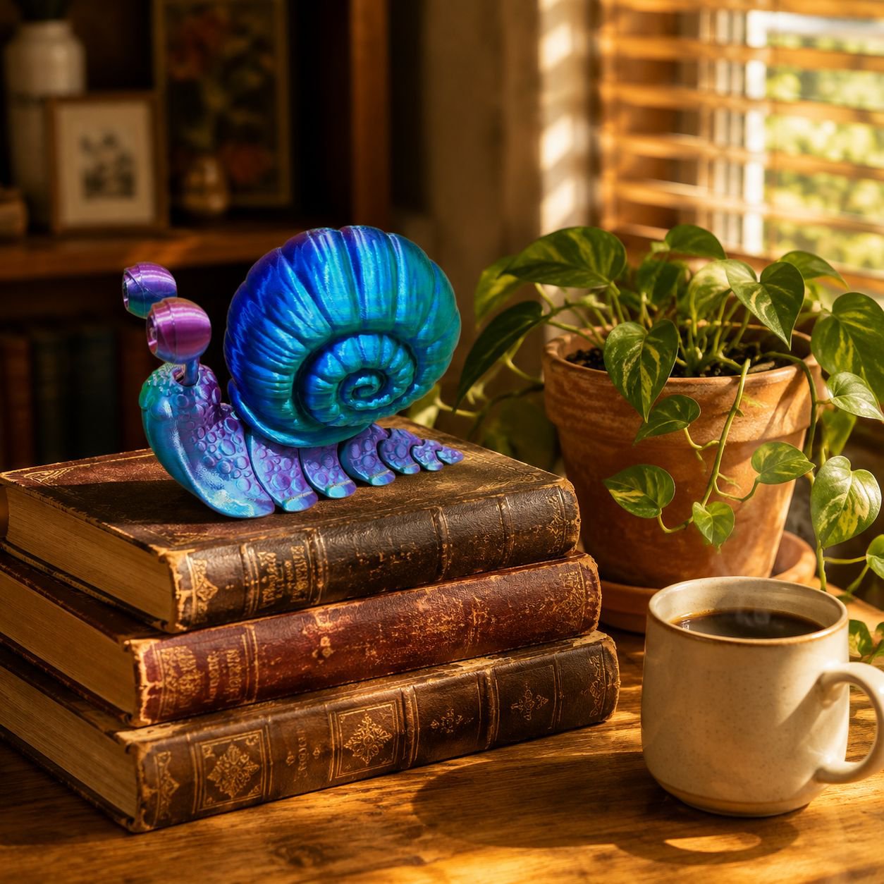 Figura de caracol articulado impresa en 3D para escritorio