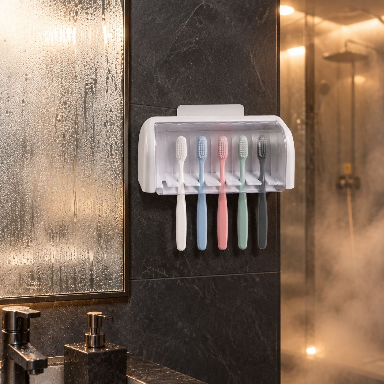 Wall mounted toothbrush holder for space saving