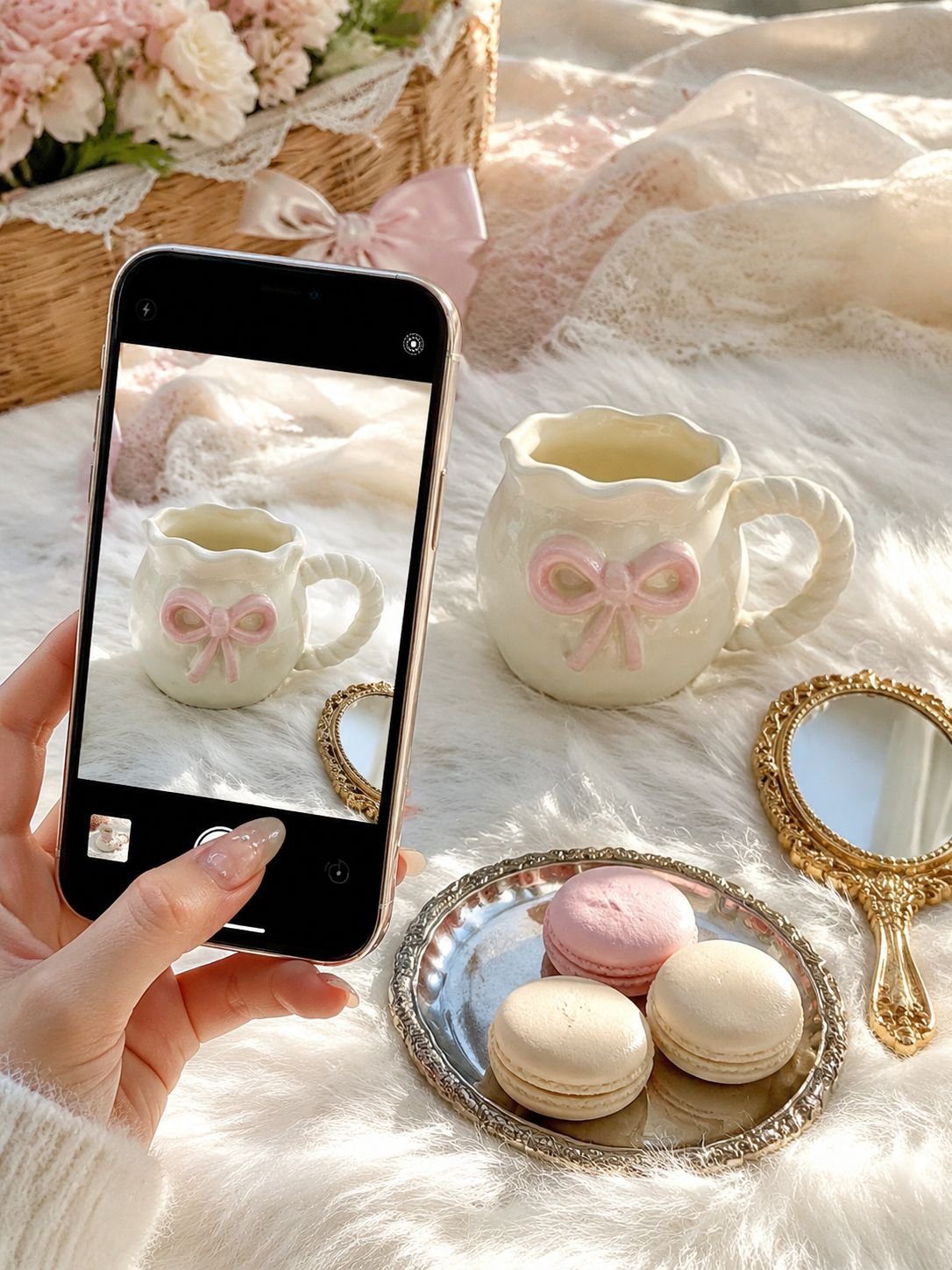 Irregularly shaped mug with cute bow accent