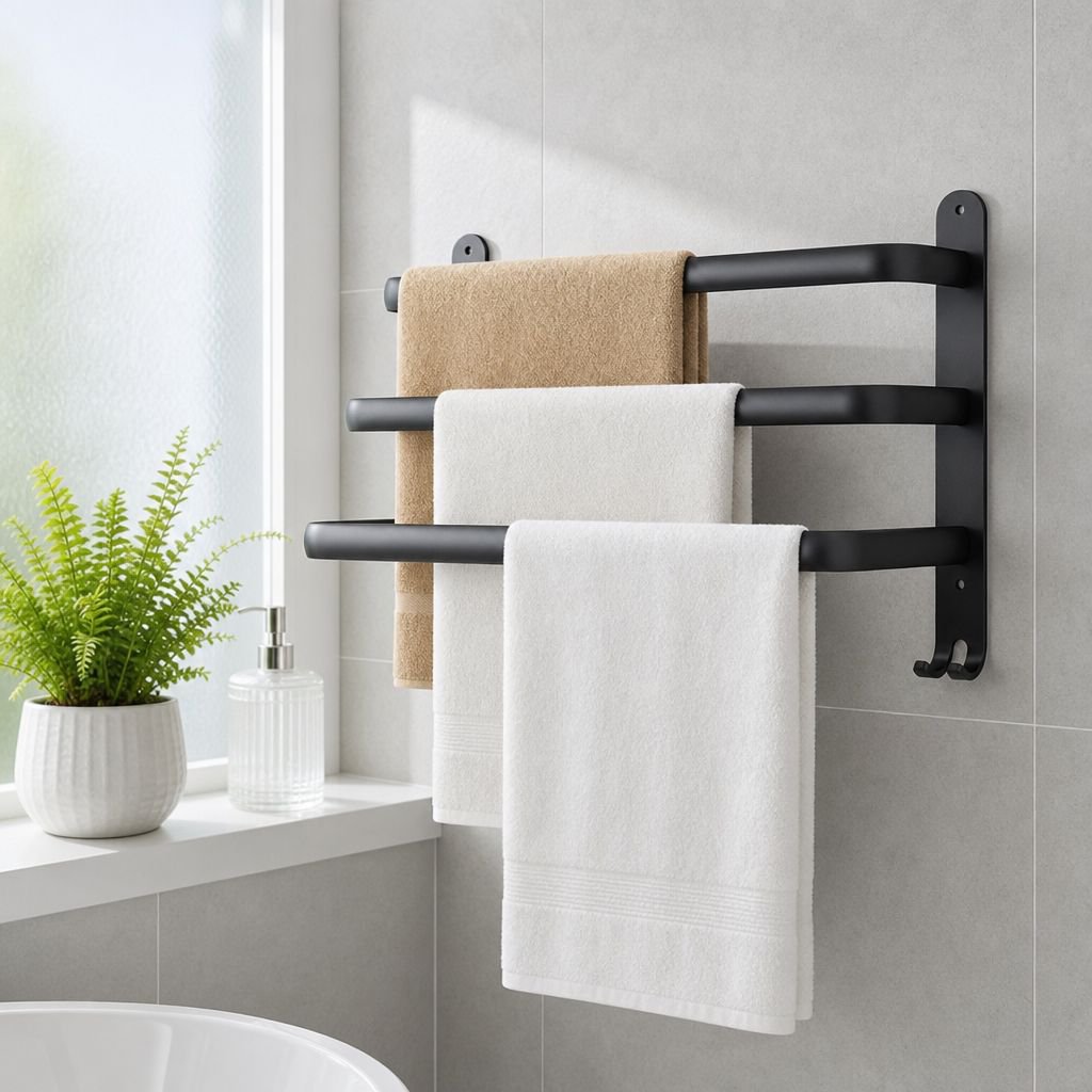 No-Drill Bathroom Towel Rack and Shelf Combo mounted on wall