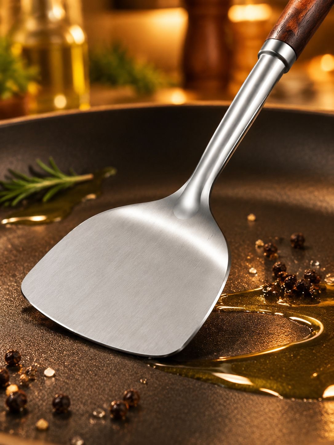 Espátula de acero inoxidable para cocina sobre fondo blanco
