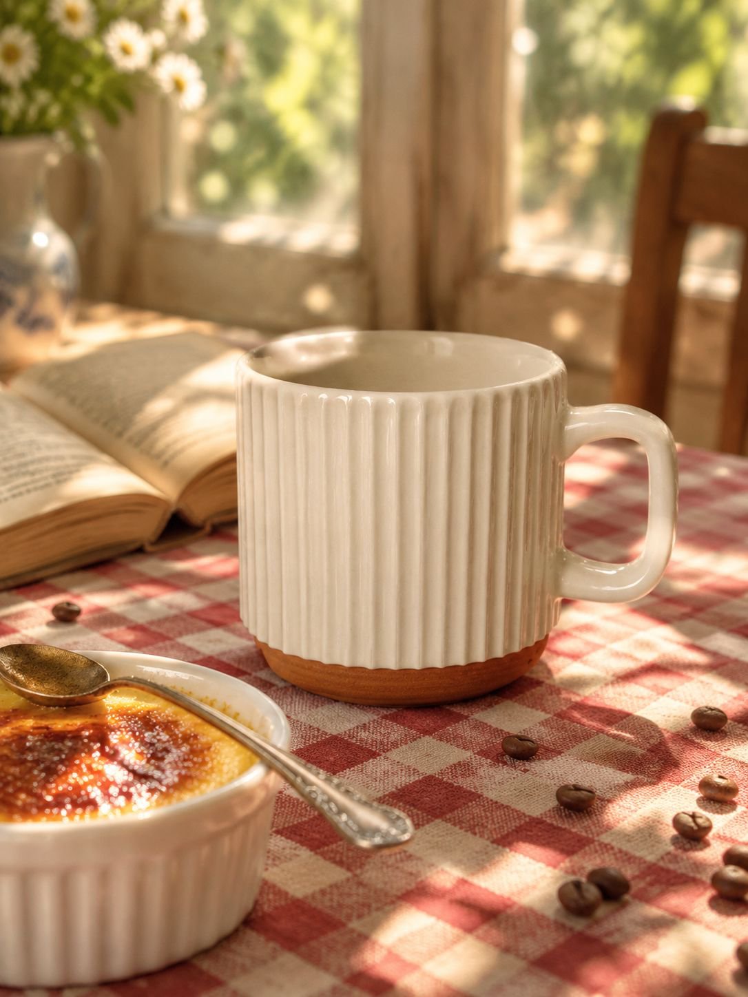Vista superior de la taza beige con rayas originales