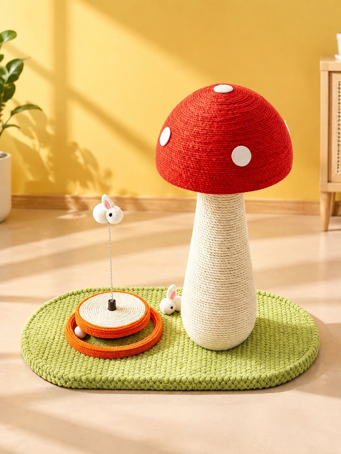 Rascador para gatos grande con yute y forma de hongo rojo