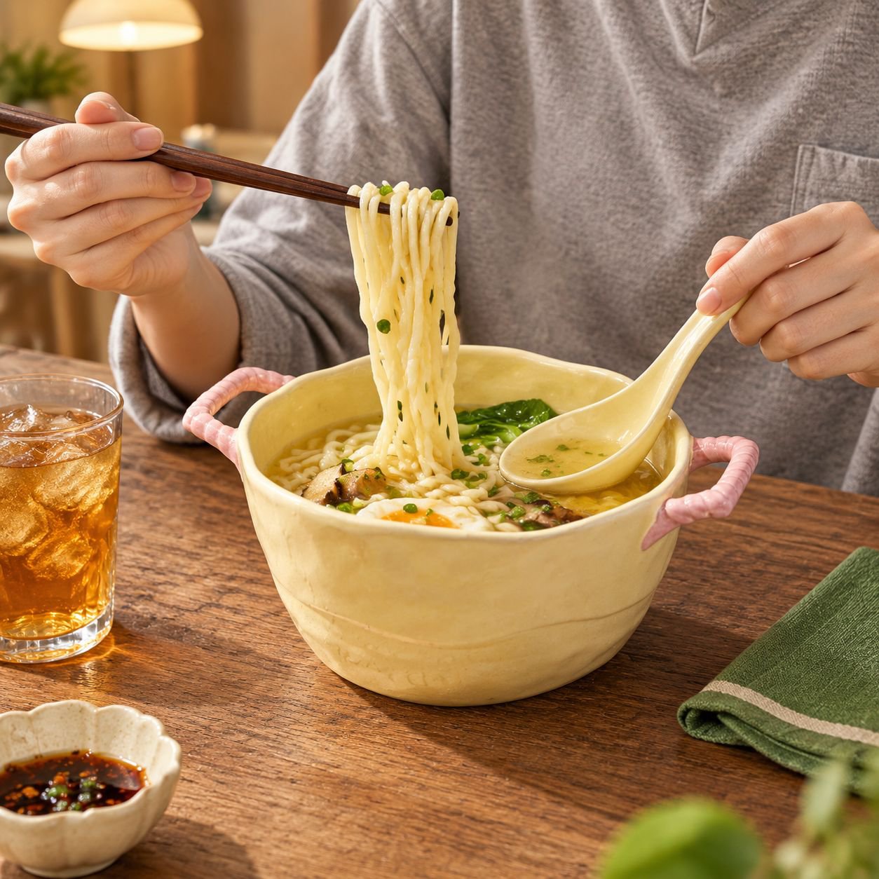 Cuenco de sopa grande con asa, cuenco de fideos instantáneos con diseño estriado