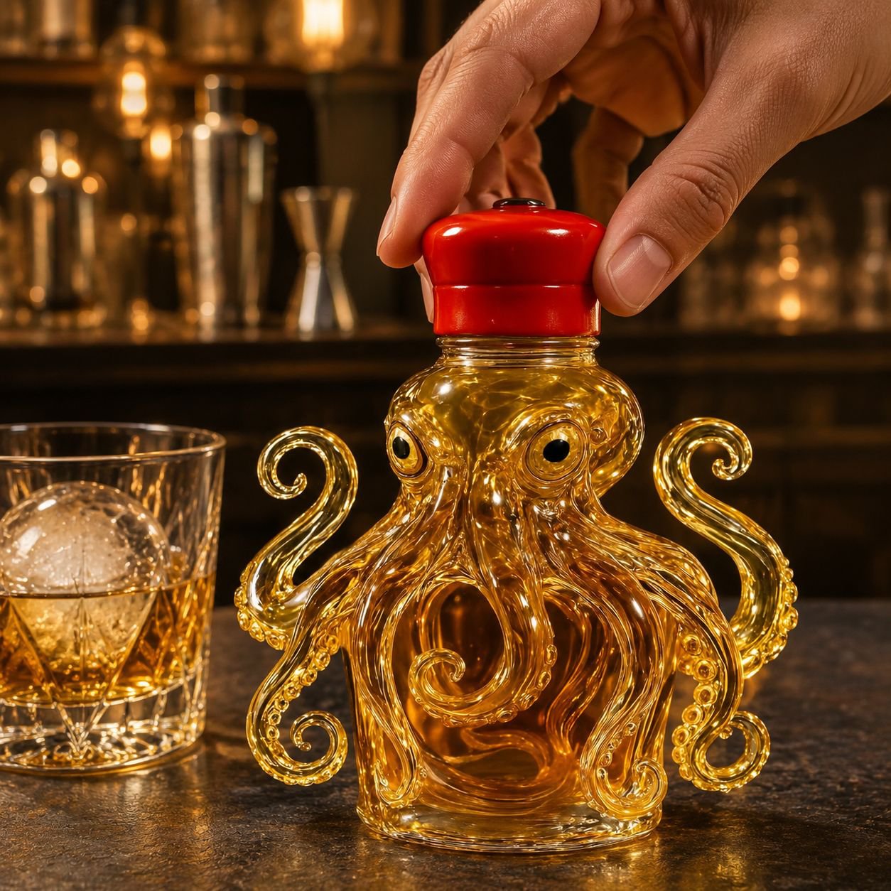 Unique octopus-shaped whiskey decanter on bar counter