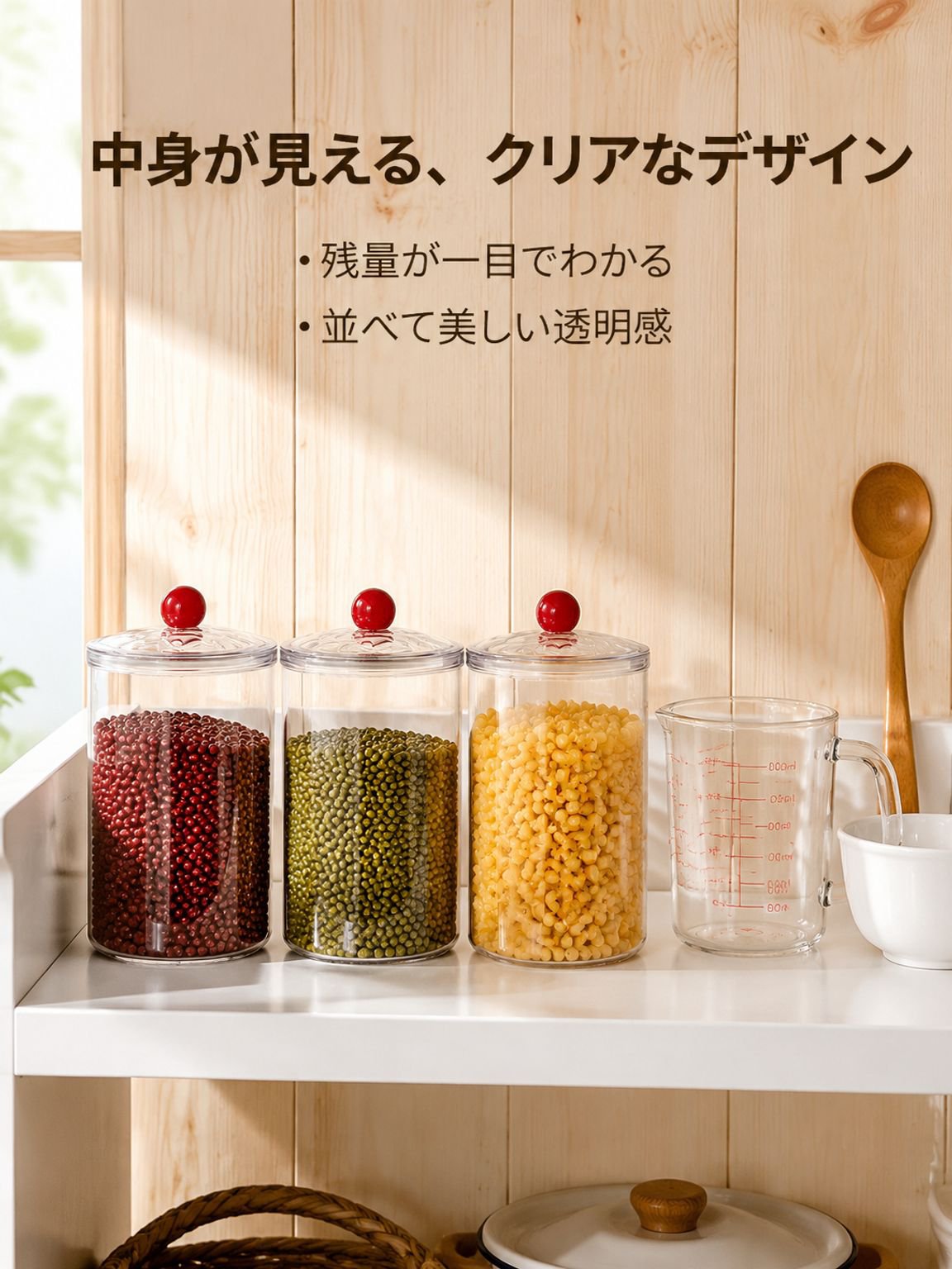 麺類、穀物、スナック菓子、乾燥食品、コーヒー豆などを保存できる、食品グレードの密閉式キッチン保存容器。
