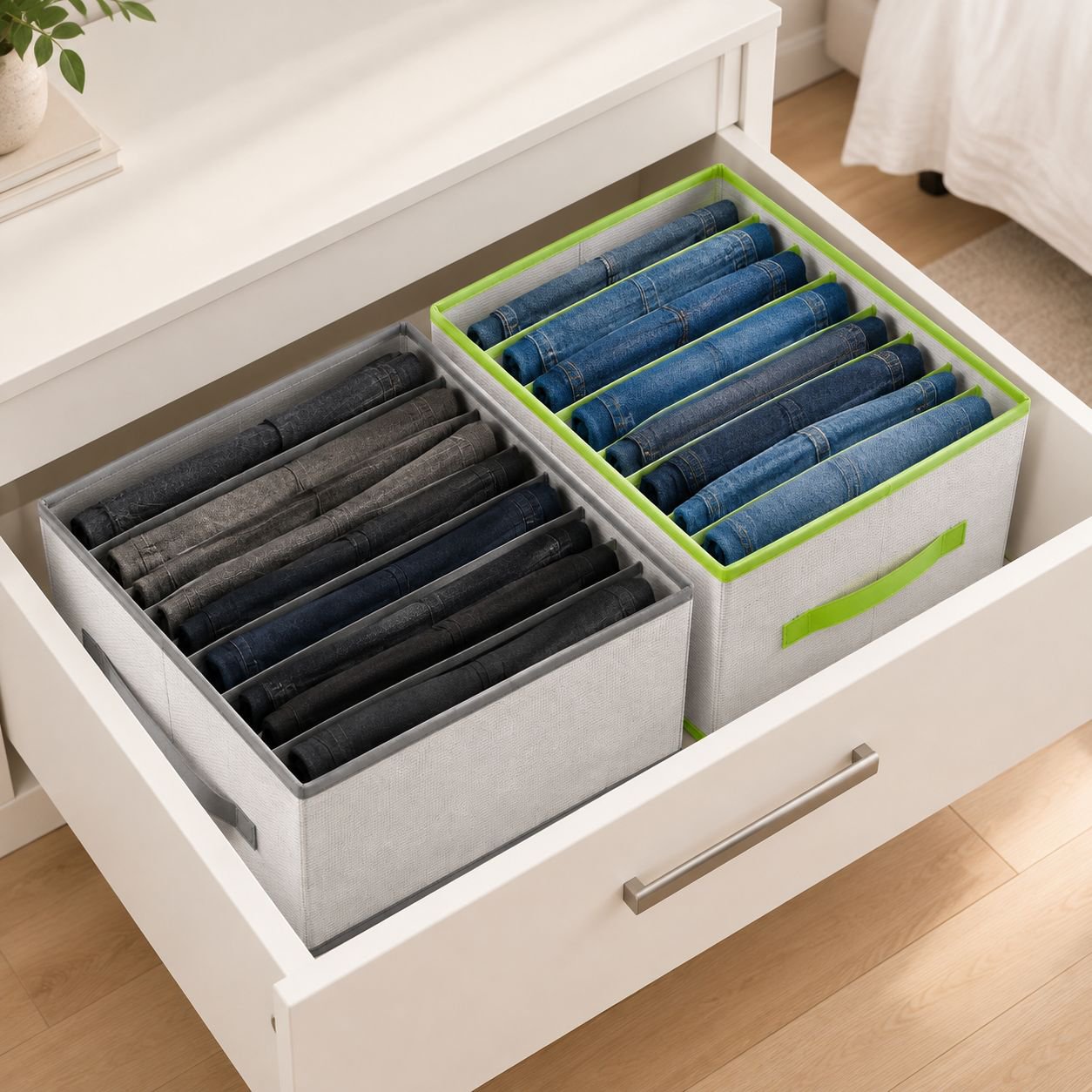 Foldable Partitioned Storage Bin for Pants and Clothing