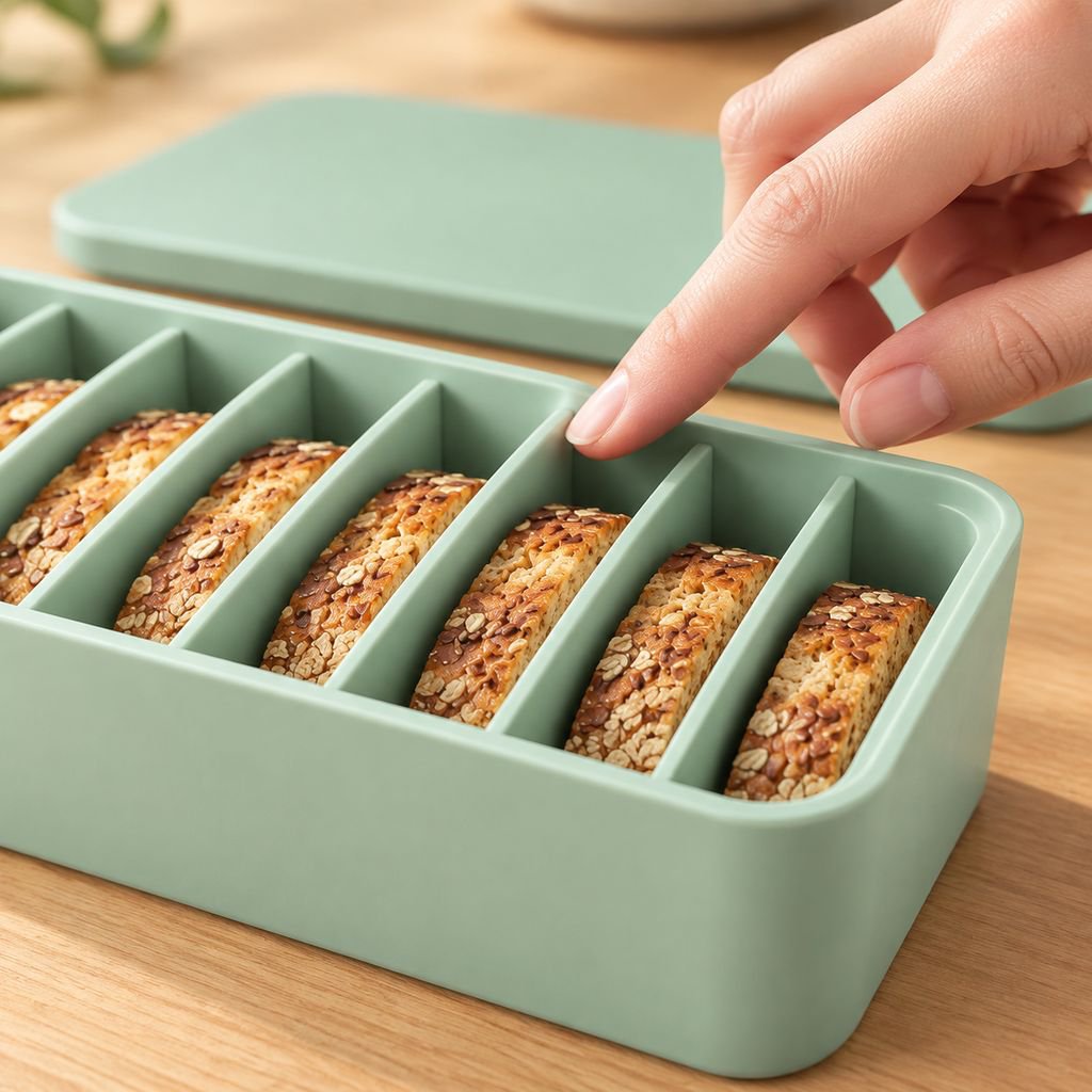 Multi-grid food storage box holding bread slices